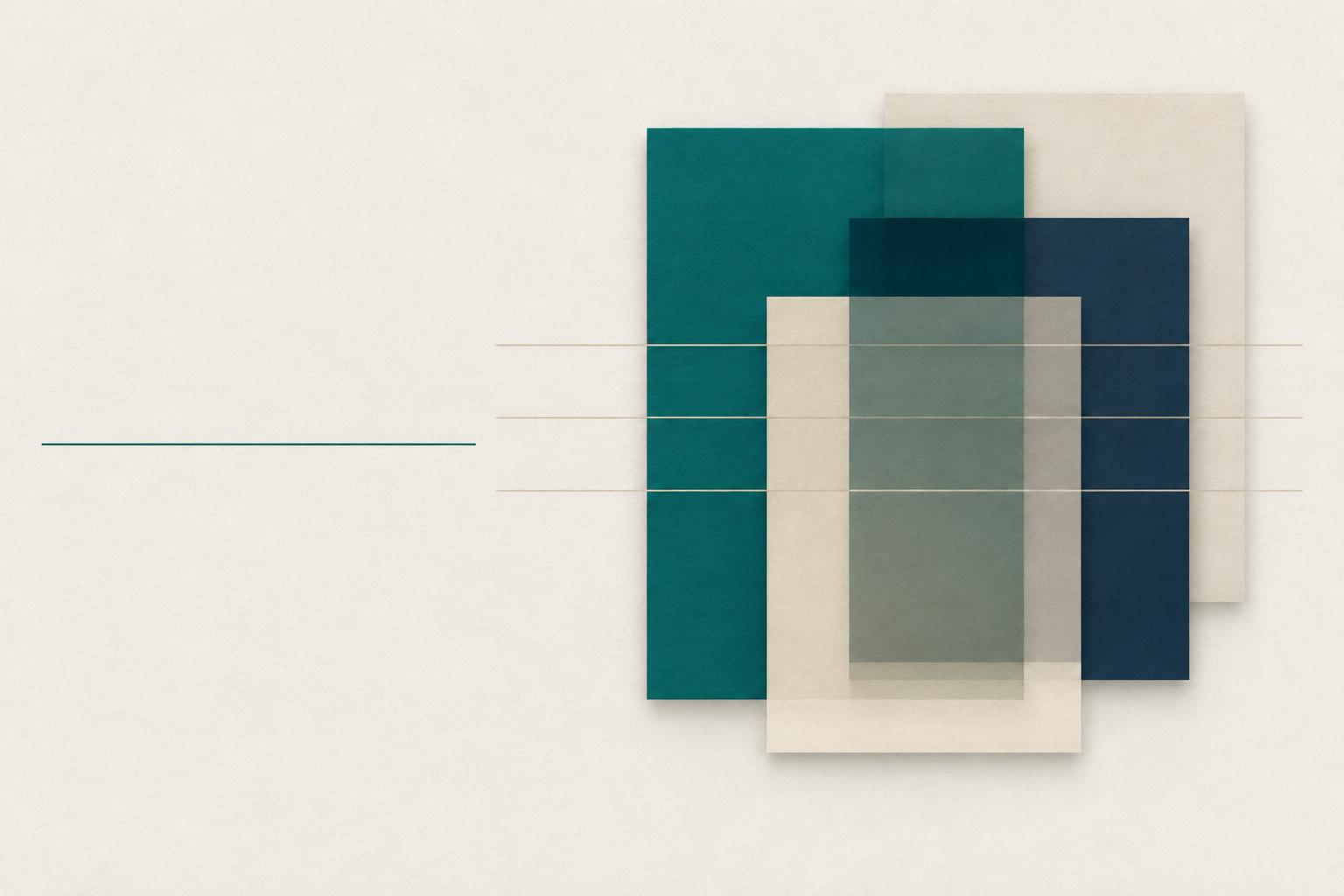 Layered forms and a thin teal rule, arranged like a well-kept file